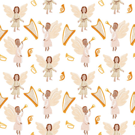 Angels with instruments a golden trumpet, harp, symbolizing diversity and holiday joy. Watercolor seamless pattern isolated on white background. Perfect for Christmas cards, decor, inclusive projectsの写真素材