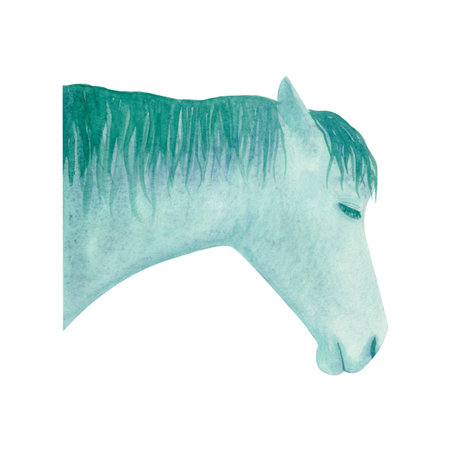 Horse in profile watercolor illustration isolated on white. The minimal, serene style for animal projects, nature themes, farm designs, peaceful decorative visuals. Year 2026. Turquoise with gradientsの写真素材