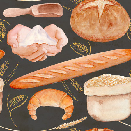 Baguette, round bread, wheat grains, flour sack. Seamless watercolor pattern isolated on grey with perfect for bakery packaging, kitchen textiles, menu design, wrapping paper, rustic food brandingの写真素材