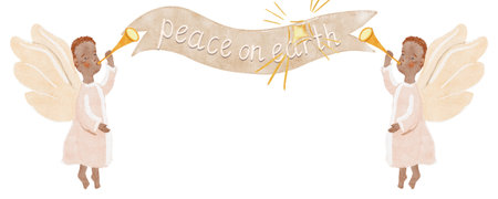 A pair of gentle watercolor angels with soft cloud-white ribbon with elegant Peace on earth...