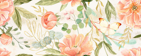 Delicate peonies in soft peach tones watercolor seamless pattern on beige. Hand-painted with high...