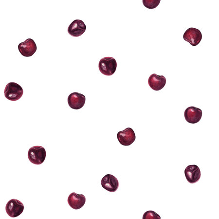Ripe cherry berries, hand painted watercolor seamless pattern isolated on white background, fruit...