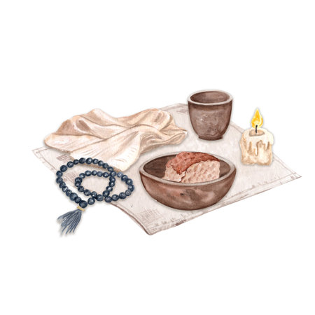 Rosary beads, folded burial cloth, burning candle, clay cup and bowl with bread watercolor isolated...