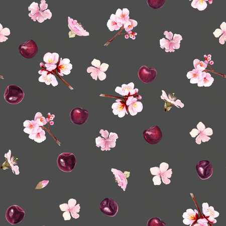 Watercolor seamless pattern with cherry berries, blossoms on dark gray background. Created for...