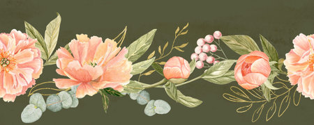 Peach peonies, eucalyptus, berries watercolor seamless border on green background. Hand-painted perfect for wedding decor, branding, packaging, fabric design, cards. Gold details. Horizontal clip artの写真素材