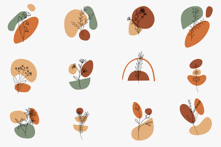 Herbs and abstract geometric shapes in boho style. Clipart design elements in a bohemian style. modern wall decor. Hand drawn floral decorations for prints and social networks.のイラスト素材