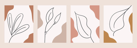 Botanical set in Boho style. Abstract vector wall design of plants and leaves. Line art for interiors. Organic background in a minimalist style.のイラスト素材