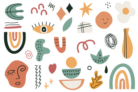 Abstract hand drawn vector doodle set. Modern design of various shapes and elements. Creative isolated figures. Funny decor.のイラスト素材