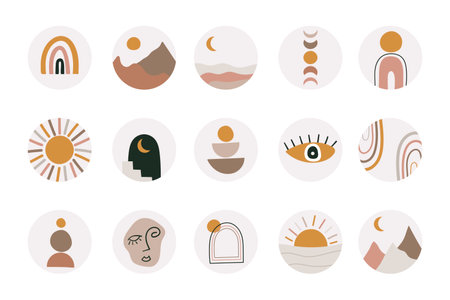 Set of hand drawn vector covers. Abstract backgrounds of mid century social media. Round icons for boho style stories. Sun and moon, arch and rainbow, eye and mountains.のイラスト素材