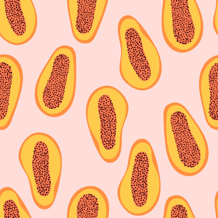 Hand drawn papaya seamless pattern. fruit vector illustration. Bright tropical background. Cartoon ripe papaya in a cut on a pink background. Modern abstract print.のイラスト素材