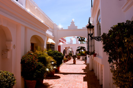 Street. Beautiful Spanish house. Flowers and trees.の写真素材