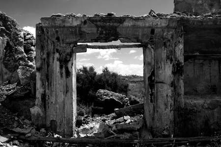 Ruins. Old abandoned rural house. Antique architecture. Black and white.の写真素材