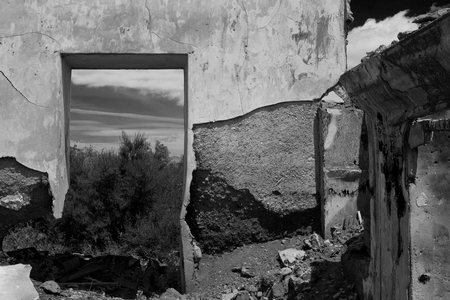 Ruins. Old abandoned rural house. Antique architecture. Black and white.の写真素材