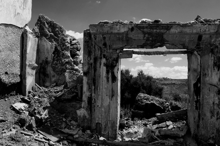 Ruins. Old abandoned rural house. Antique architecture. Black and white.の写真素材
