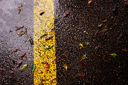 Yellow line in the road. Asphalt after the rain.の写真素材