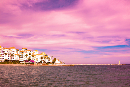 Puerto Banus. Beautiful sunset view. Marbella city, Andalusia, Costa del Sol, Spain.の写真素材