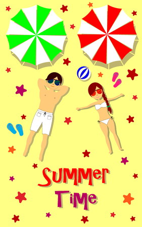 Beach Summer concept. Vector illustration. People, sun umbrella.のイラスト素材