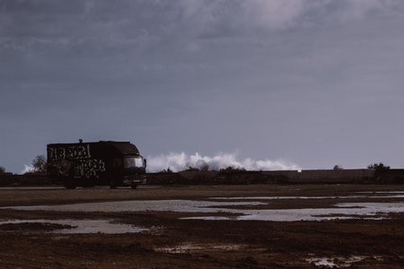 Storm A car on the beach during a storm. Estepona, Andalusia, Spain. Picture taken ? ? "29 january 2018.のeditorial素材
