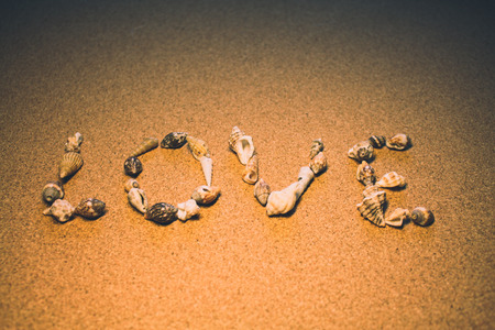 Sees it. The word "love" of sea shells on a brown background.の写真素材