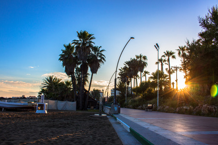 Promenade The promenade of Estepona in front of the sunset. Malaga province, Andalusia, Spain. Picture taken ? ? "4 May 2018.のeditorial素材