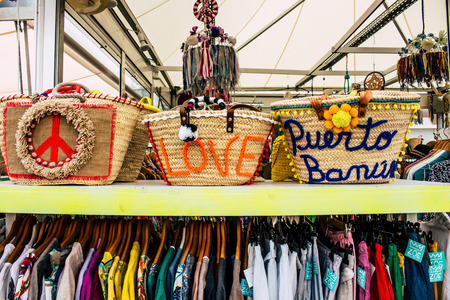Wicker basket. THE XVIII INTERNATIONAL ARTESANIA SHOW: Located in the Antonio Banderas Square of Puerto Banus city, Marbella, Andalusia, Spain. Picture taken ? ? "19 july 2018.のeditorial素材