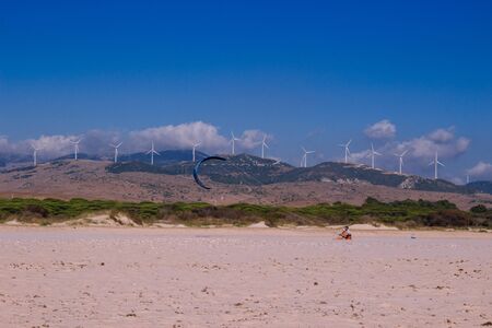 Kitesurfing. Summer landscape. Punta Paloma beach, Tarifa, Spain. Picture taken? August 27, 2018.のeditorial素材