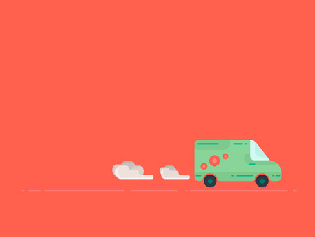 Green van on red background. Flat vector illustration.のイラスト素材