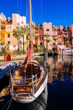 Port of Sotogrande. Port, sea, yachts and colorful houses. Sotogrande, Costa del Sol, Andalusia, Spain. Picture taken? 13 January 2019.のeditorial素材