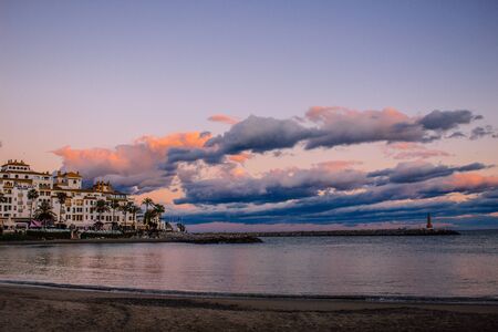 Sunset. Sunset in Puerto Banus. Puerto Banus, Marbella, Costa del Sol, Andalusia, Spain. Picture taken? 20 January 2019.のeditorial素材