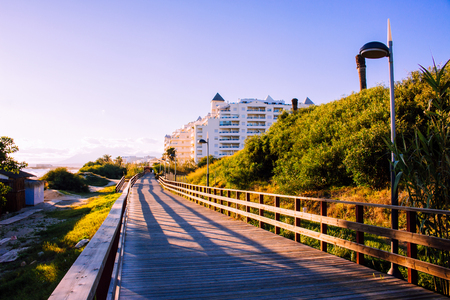 Promenade? Senda Litoral ?. Beach and promenade of Marbella.の写真素材