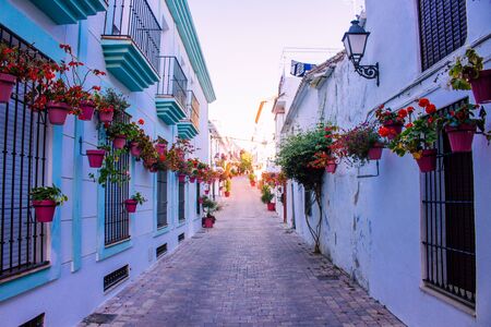 Street. The picturesque street of the city of Estepona. Costa del Sol, Andalusia, Spain. Picture taken? 12 March 2019.のeditorial素材