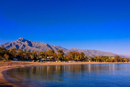Beach View of the evening beach of Marbella. Costa del Sol, Andalusia, Spain. Picture taken? 3 March 2019.のeditorial素材