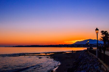 Sunset landscape. View of Puerto Banus, Marbella. Costa del Sol, Andalusia, Spain. Picture taken? 3 March 2019.のeditorial素材