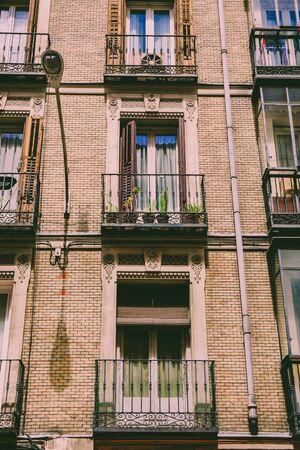 Facade. Classic facades in Madrid city center. Madrid, Spain. Picture taken? 26 April 2019.のeditorial素材