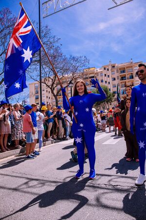 25th INTERNATIONAL VILLAGES FAIR in Fuengirola. The multicultural parade, in which all the delegations at each edition of? FIP? take part Andalusia, Spain. Picture taken? 1 May 2019.のeditorial素材