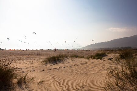 Tarifa beach. Kite surfing beach in southern Spain. Costa del Sol, Andalusia, Spain. Picture taken July 14, 2019.のeditorial素材