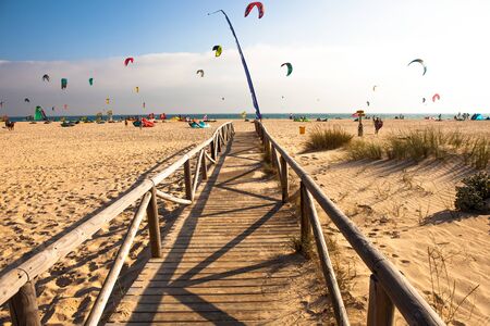Tarifa beach. Kite surfing beach in southern Spain. Costa del Sol, Andalusia, Spain. Picture taken July 14, 2019.のeditorial素材