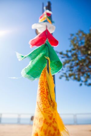 Prayer flag. Colorful buddhist prayer flags at boudhanath stupa in Benalmadena, Andalusia, Spain.