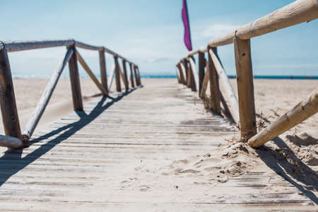 Road to the Ocean. Wooden pier at Tarifa, CÃ¡diz, Spain.の写真素材