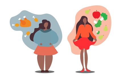 Illustration of two girls and the food of each bottom is shownのイラスト素材