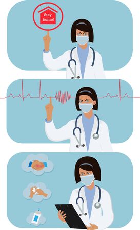 Girl woman on a blue background the doctor in a medical mask and a stethoscope explains the instructions for health against the coronavirus epidemic and pandemic and asks everyone to stay homeのイラスト素材