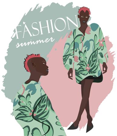 Bright summer dress in green and pink on a slim modelのイラスト素材