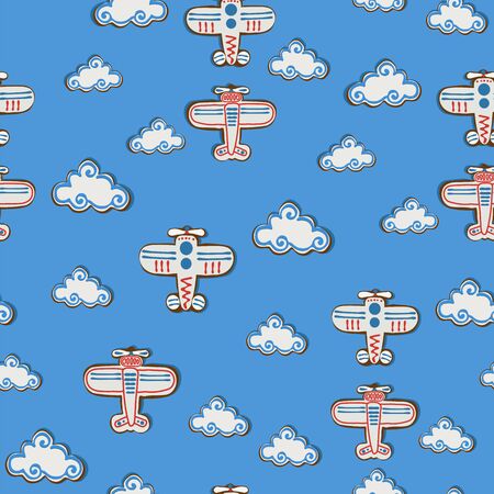Pattern bright beautiful children`s plane and cloudsのイラスト素材