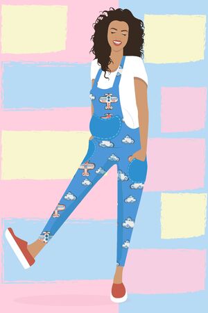 Young beautiful pregnant girl dressed in a fashionable jumpsuit with clear-colored airplanes and clouds in pink yellow and blue backgroundのイラスト素材