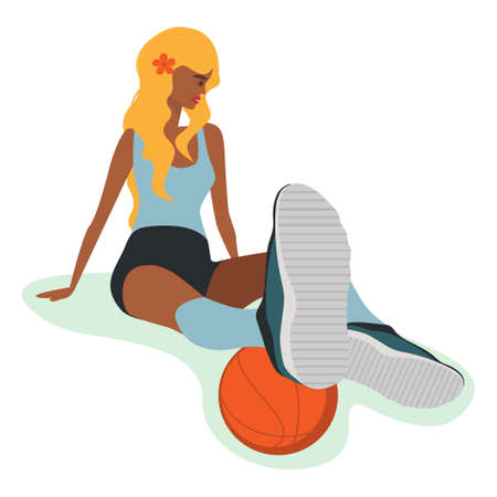 Beautiful girl blonde sits resting after playing sports and playing basketball ball Valeballのイラスト素材