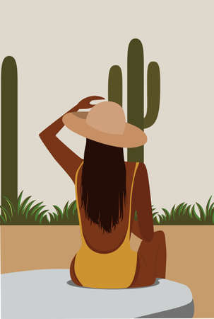Tanned brunette girl in a hat sunbathes in the open air around the vegetation and cactiのイラスト素材