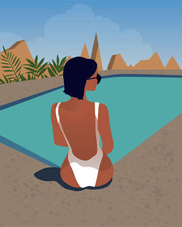 Beautiful girl sits by the pool and enjoys the summer sun and relaxationのイラスト素材