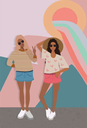 young girls model girlfriends posing for a photo or video shooting against a graffiti wall backgroundのイラスト素材