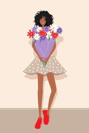 Beautiful young girl with a bouquet of flowers, you can use as a congratulation or postcardのイラスト素材