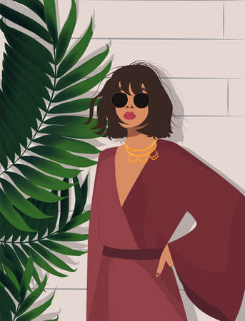 Girl posing on a background of palm treesのイラスト素材